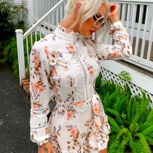 Lace Insert Ruffle Hem Belted Floral Dress